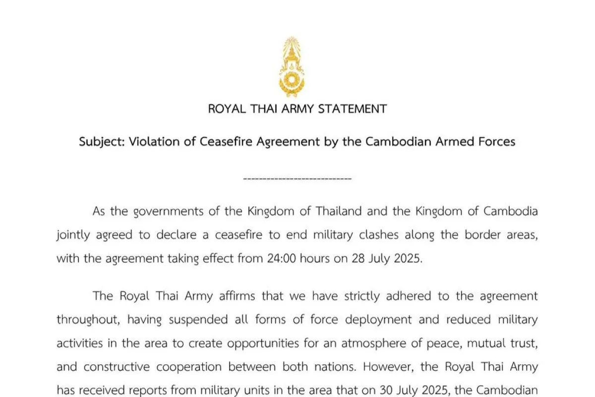 Royal Thai Army Statement on Violation of Ceasefire Agreement by the Cambodian Armed Forces