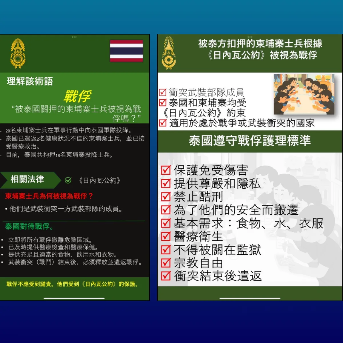 被泰方扣押的柬埔寨士兵根據《日內瓦公約》被視為戰俘