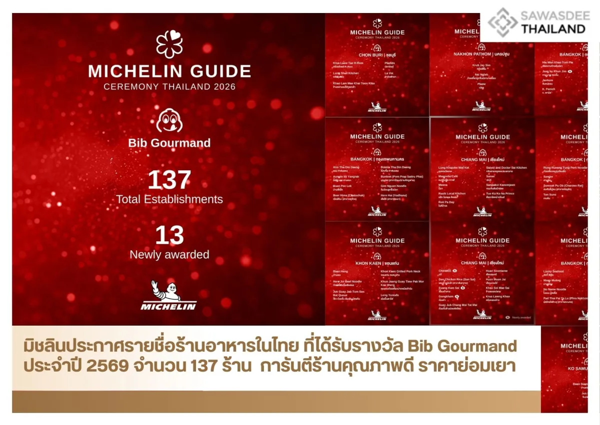 มิชลินประกาศรายชื่อร้านอาหารในไทย ที่ได้รับรางวัล Bib Gourmand ประจำปี 2569 จำนวน 137 ร้าน  การันตีร้านคุณภาพดี ราคาย่อมเยา