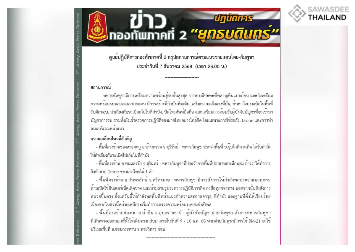 ศูนย์ปฏิบัติการกองทัพภาคที่ 2 สรุปสถานการณ์ตามแนวชายแดนไทย-กัมพูชา ประจำวันที่ 7 ธันวาคม 2568  (เวลา 23.00 น.